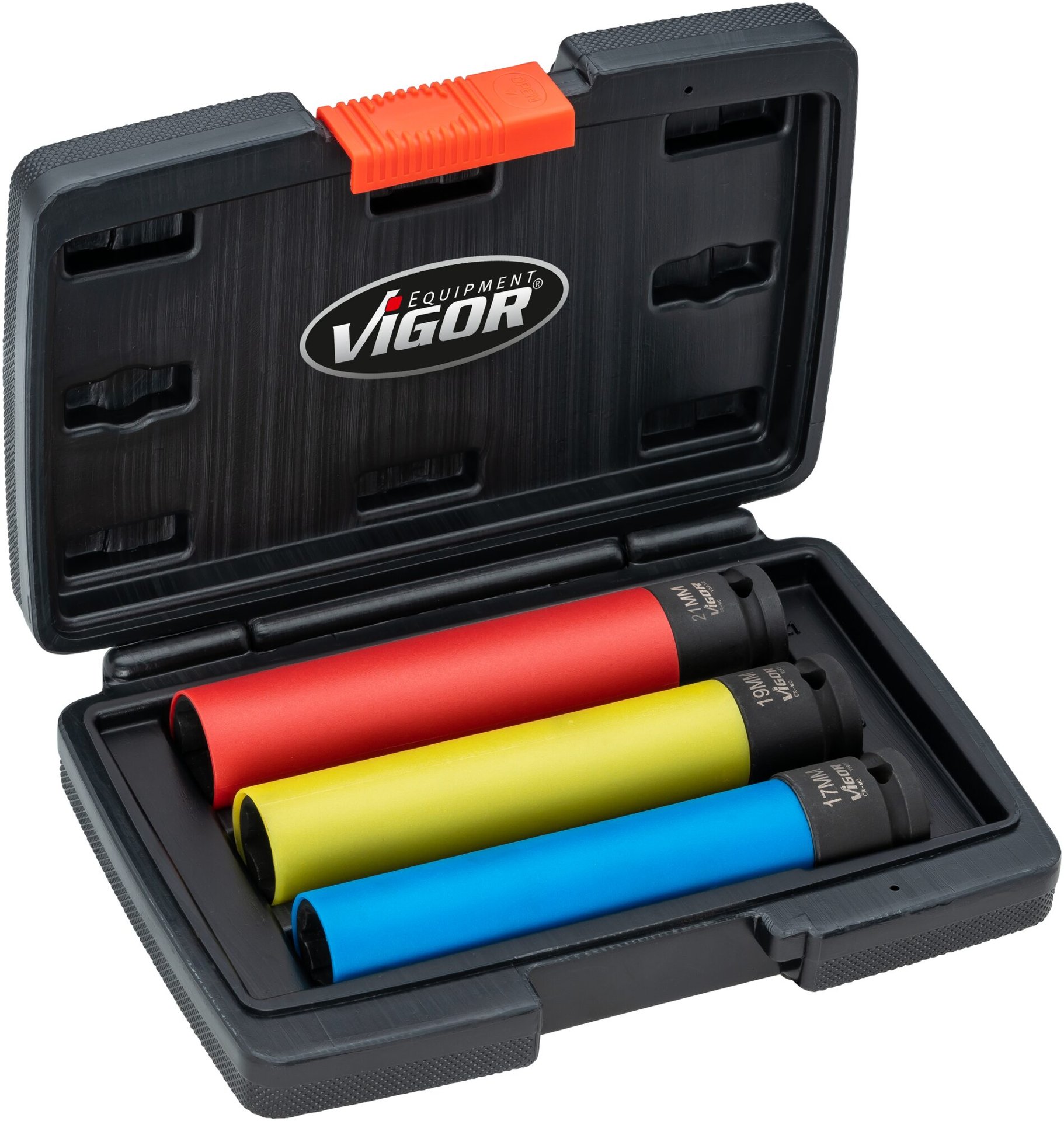 VIGOR Schlagschrauber Steckschlüssel Satz ∙ extra lang ∙ V5933/3 ∙ 1/2 Zoll (12,5 mm) Vierkant hohl ∙ Außen Sechskant Profil ∙ 3-teilig ∙ 17 ∙ 19 ∙ 21 mm ∙ Anzahl Werkzeuge: 3 Produktbild img1 L