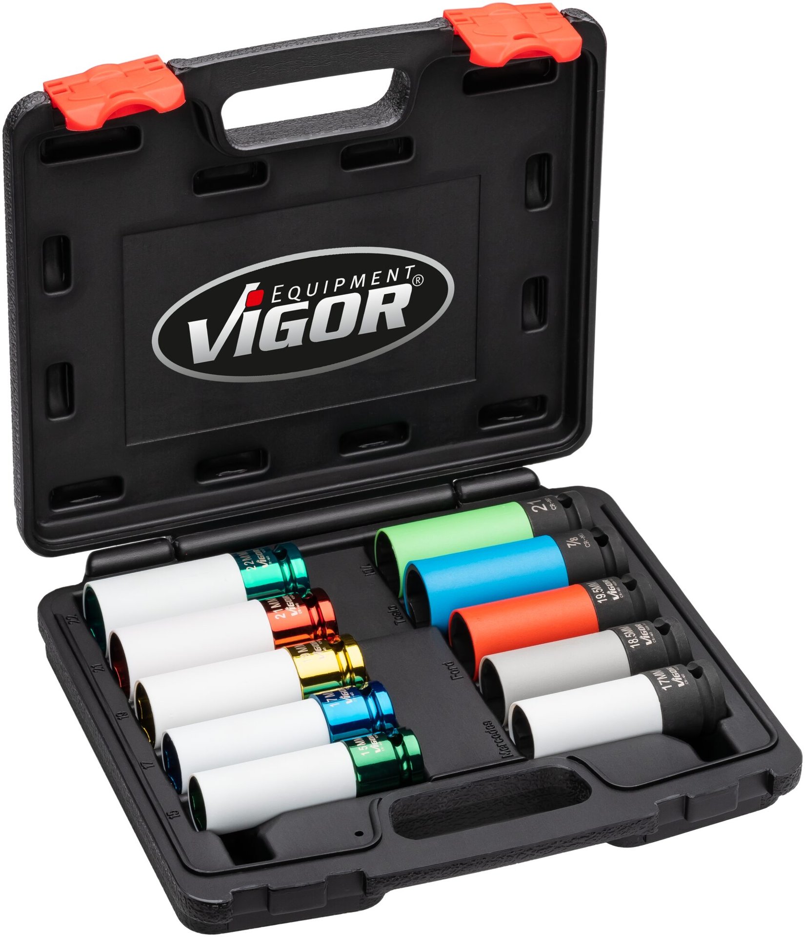 VIGOR Schlagschrauber Steckschlüsseleinsatz Satz ∙ V6312/10 ∙ 1/2 Zoll (12,5 mm) Vierkant hohl ∙ Außen Sechskant Profil, Radschrauben Hybrid Sonderprofil ∙ 10-teilig ∙ 15 – 22,2 mm ∙ Anzahl Werkzeuge: 10 Produktbild img1 L