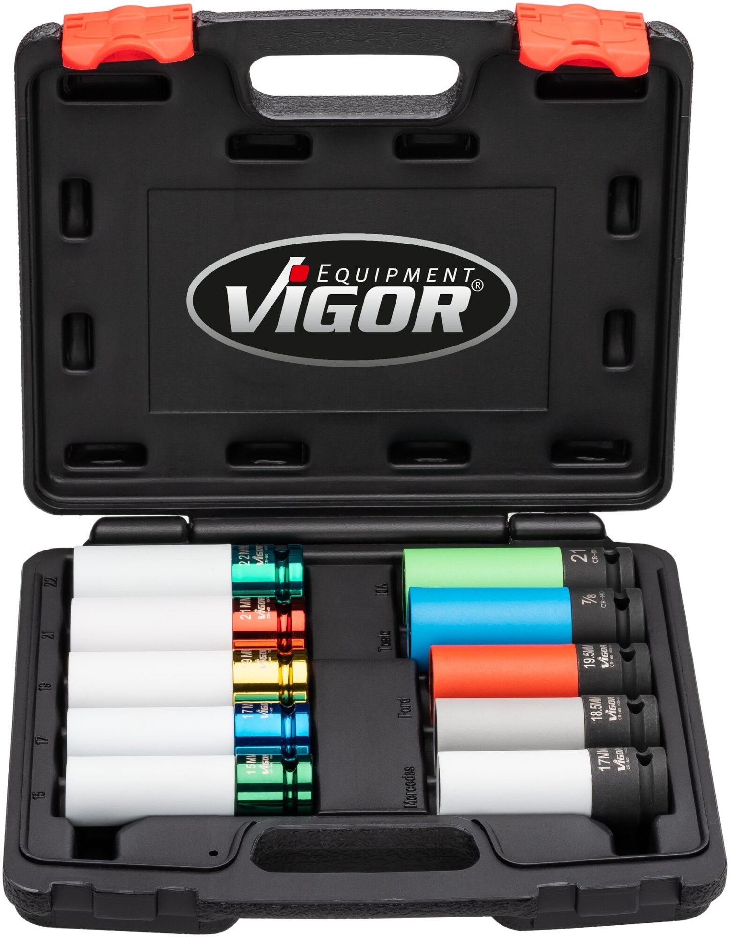 VIGOR Schlagschrauber Steckschlüsseleinsatz Satz ∙ V6312/10 ∙ 1/2 Zoll (12,5 mm) Vierkant hohl ∙ Außen Sechskant Profil, Radschrauben Hybrid Sonderprofil ∙ 10-teilig ∙ 15 – 22,2 mm ∙ Anzahl Werkzeuge: 10 Produktbild img4 L