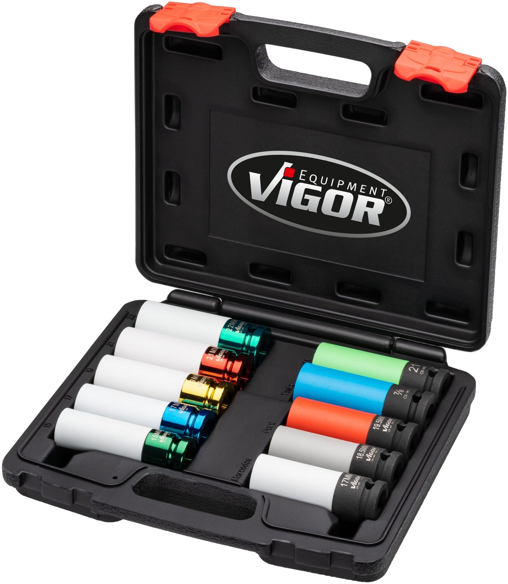 VIGOR Schlagschrauber Steckschlüsseleinsatz Satz ∙ V6312/10 ∙ 1/2 Zoll (12,5 mm) Vierkant hohl ∙ Außen Sechskant Profil, Radschrauben Hybrid Sonderprofil ∙ 10-teilig ∙ 15 – 22,2 mm ∙ Anzahl Werkzeuge: 10 Produktbild img5 L
