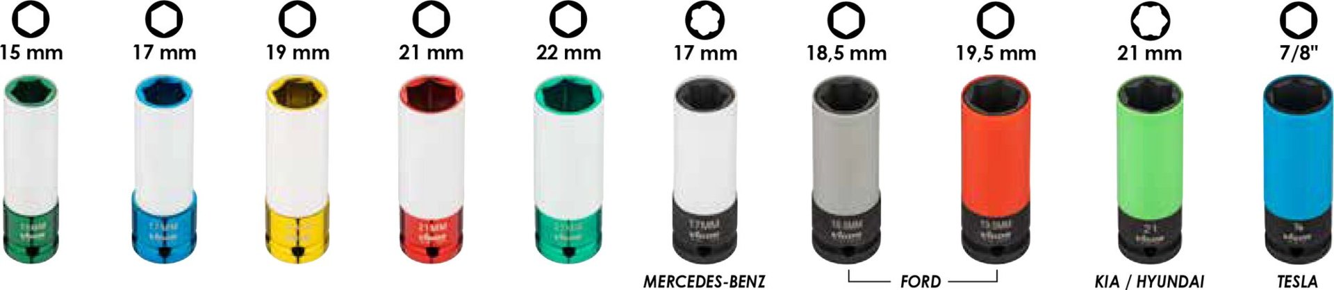 VIGOR Schlagschrauber Steckschlüsseleinsatz Satz ∙ V6312/10 ∙ 1/2 Zoll (12,5 mm) Vierkant hohl ∙ Außen Sechskant Profil, Radschrauben Hybrid Sonderprofil ∙ 10-teilig ∙ 15 – 22,2 mm ∙ Anzahl Werkzeuge: 10 Produktbild img7 L