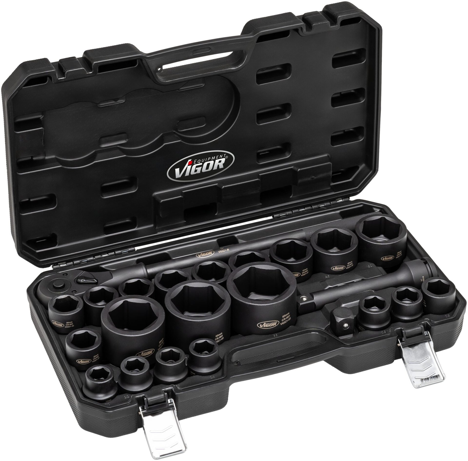 VIGOR Schlagschrauber Steckschlüssel Satz ∙ V6521 ∙ 3/4 Zoll (20 mm) Vierkant hohl, 1 Zoll (25 mm) Vierkant hohl ∙ Außen Sechskant Profil ∙ 24-teilig ∙ 21 – 65 mm ∙ Anzahl Werkzeuge: 24 Produktbild img1 L