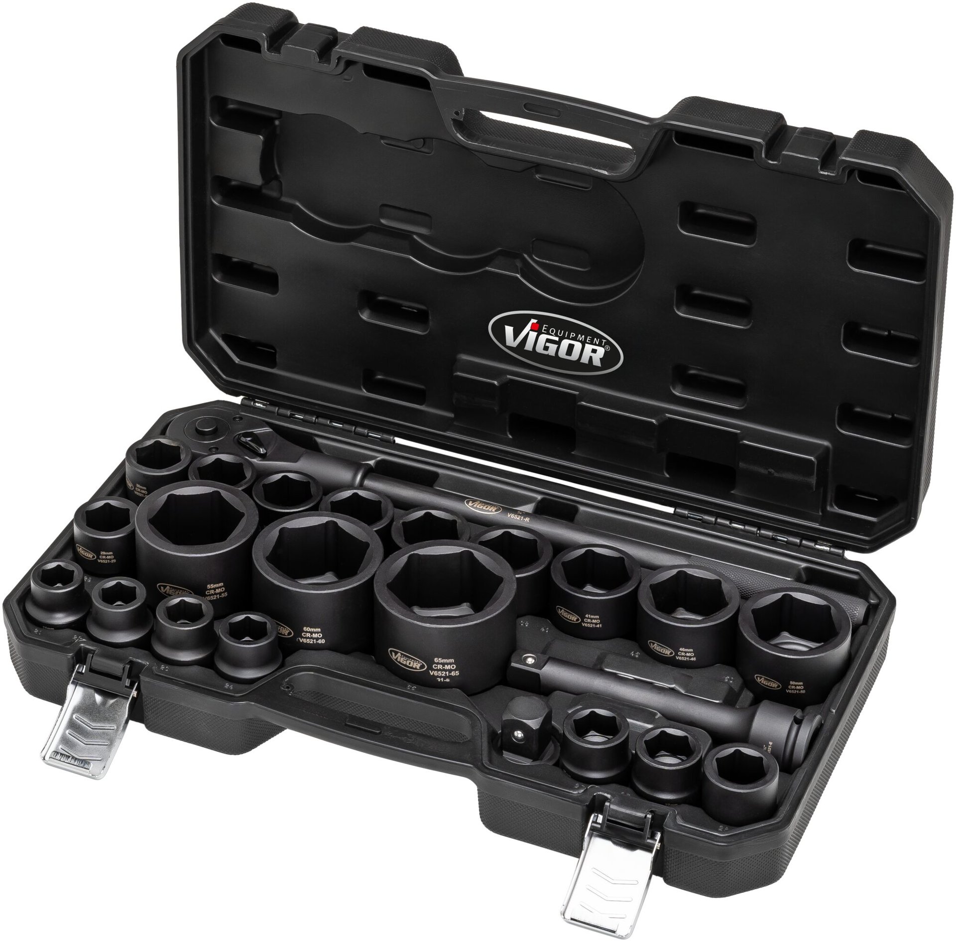 VIGOR Schlagschrauber Steckschlüssel Satz ∙ V6521 ∙ 3/4 Zoll (20 mm) Vierkant hohl, 1 Zoll (25 mm) Vierkant hohl ∙ Außen Sechskant Profil ∙ 24-teilig ∙ 21 – 65 mm ∙ Anzahl Werkzeuge: 24 Produktbild img8 L