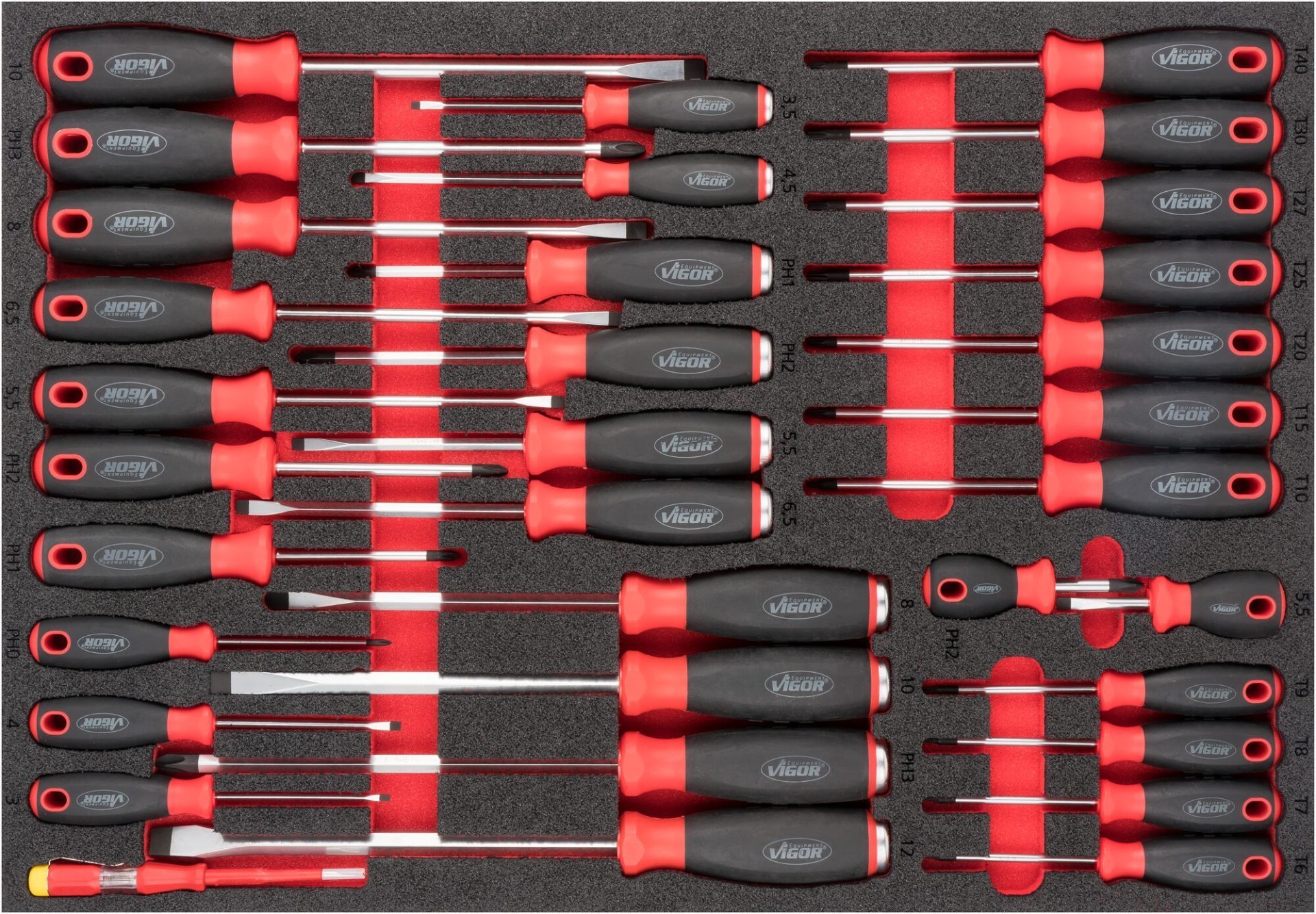 VIGOR Schraubendreher Satz ∙ V6813 ∙ 34-teilig ∙ 0,5 x 3 – 1,6 x 10 · PH0 – PH3 · T6 – T40 ∙ Anzahl Werkzeuge: 34 Produktbild img1 L