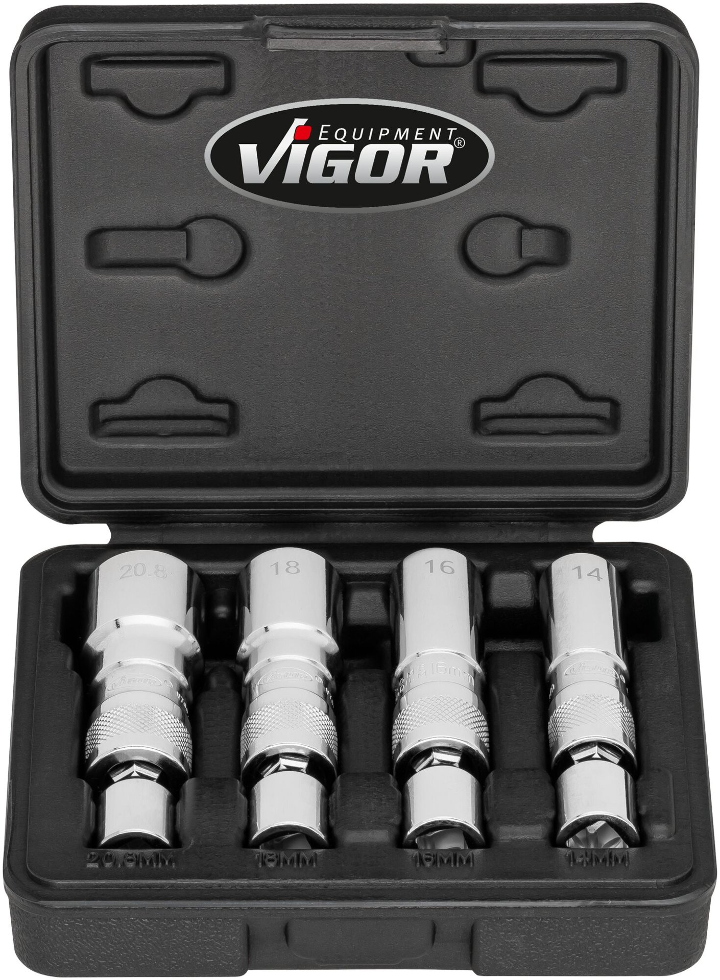 VIGOR Zündkerzen Steckschlüssel Satz ∙ V7002/4 ∙ 3/8 Zoll (10 mm) Vierkant hohl ∙ Außen Doppelsechskant Profil ∙ 4-teilig ∙ 14 ∙ 16 ∙ 18 ∙ 20,8 ∙ Anzahl Werkzeuge: 4 Produktbild img7 L