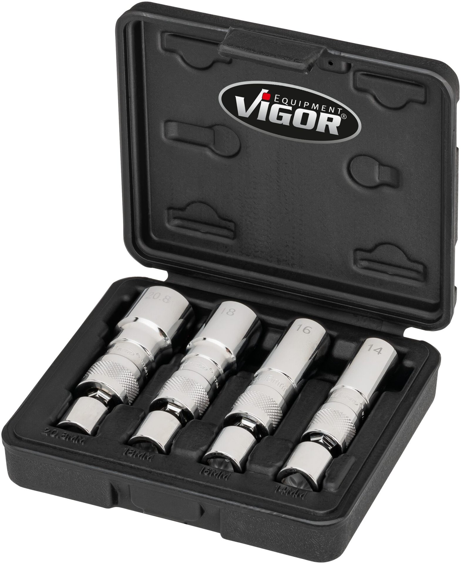 VIGOR Zündkerzen Steckschlüssel Satz ∙ V7002/4 ∙ 3/8 Zoll (10 mm) Vierkant hohl ∙ Außen Doppelsechskant Profil ∙ 4-teilig ∙ 14 ∙ 16 ∙ 18 ∙ 20,8 ∙ Anzahl Werkzeuge: 4 Produktbild img8 L