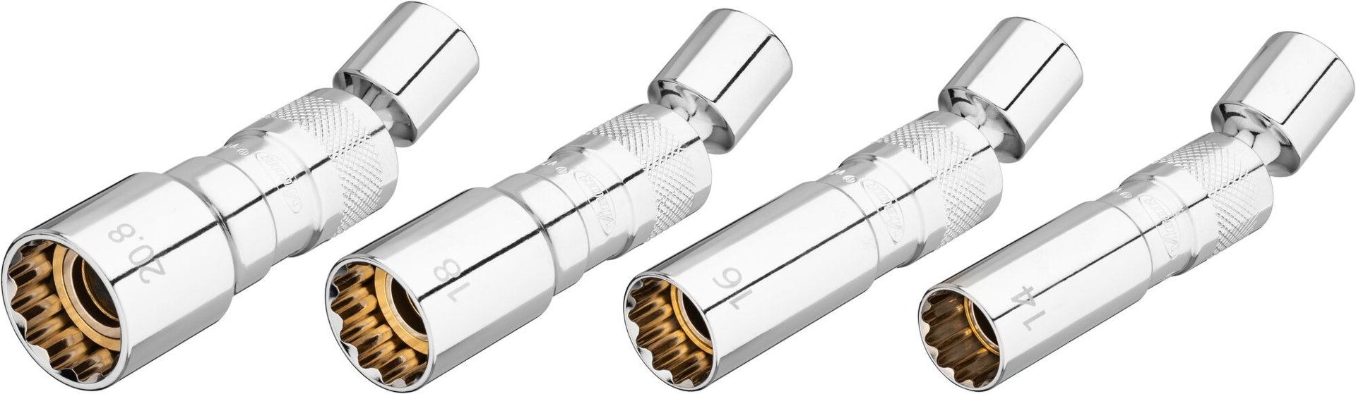 VIGOR Zündkerzen Steckschlüssel Satz ∙ V7002/4 ∙ 3/8 Zoll (10 mm) Vierkant hohl ∙ Außen Doppelsechskant Profil ∙ 4-teilig ∙ 14 ∙ 16 ∙ 18 ∙ 20,8 ∙ Anzahl Werkzeuge: 4 Produktbild img9 L