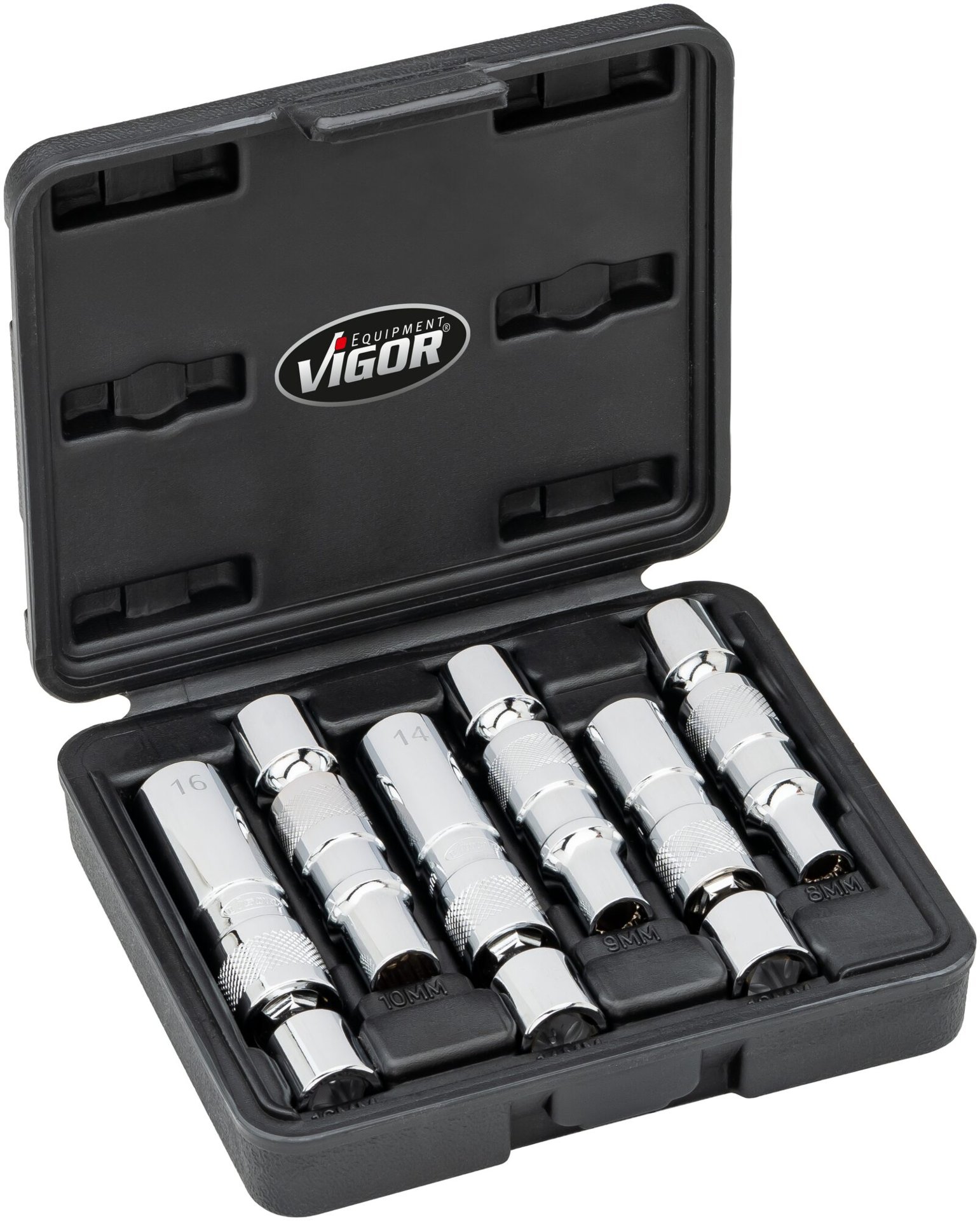 VIGOR Glühkerzenausdreher Satz ∙ V7016/6 ∙ 3/8 Zoll (10 mm) Vierkant hohl ∙ Außen Doppelsechskant Profil ∙ 6-teilig ∙ 8 ∙ 9 ∙ 10 ∙ 12 ∙ 14 ∙ 16 ∙ Anzahl Werkzeuge: 6 Produktbild img1 L