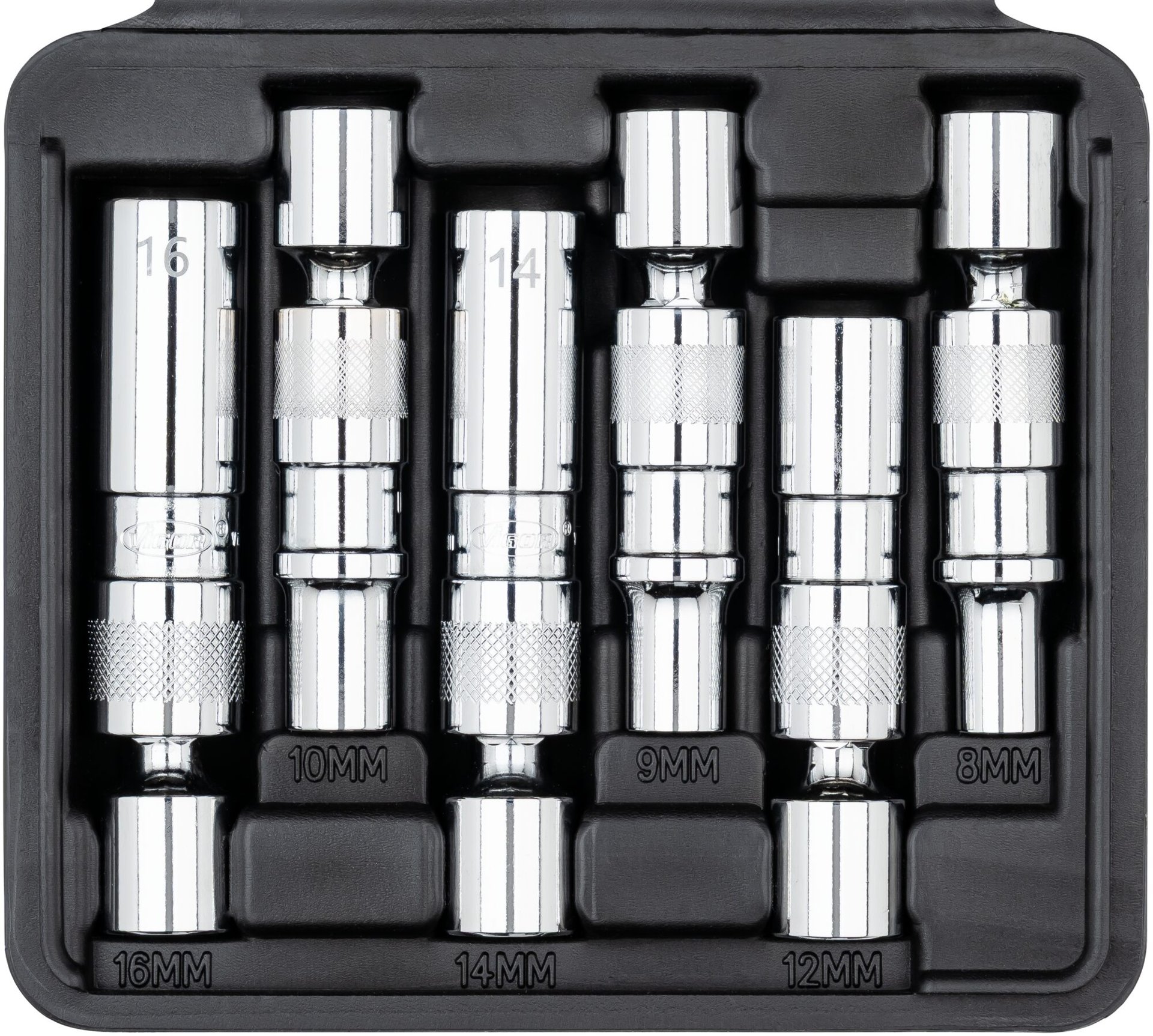 VIGOR Glühkerzenausdreher Satz ∙ V7016/6 ∙ 3/8 Zoll (10 mm) Vierkant hohl ∙ Außen Doppelsechskant Profil ∙ 6-teilig ∙ 8 ∙ 9 ∙ 10 ∙ 12 ∙ 14 ∙ 16 ∙ Anzahl Werkzeuge: 6 Produktbild img3 L