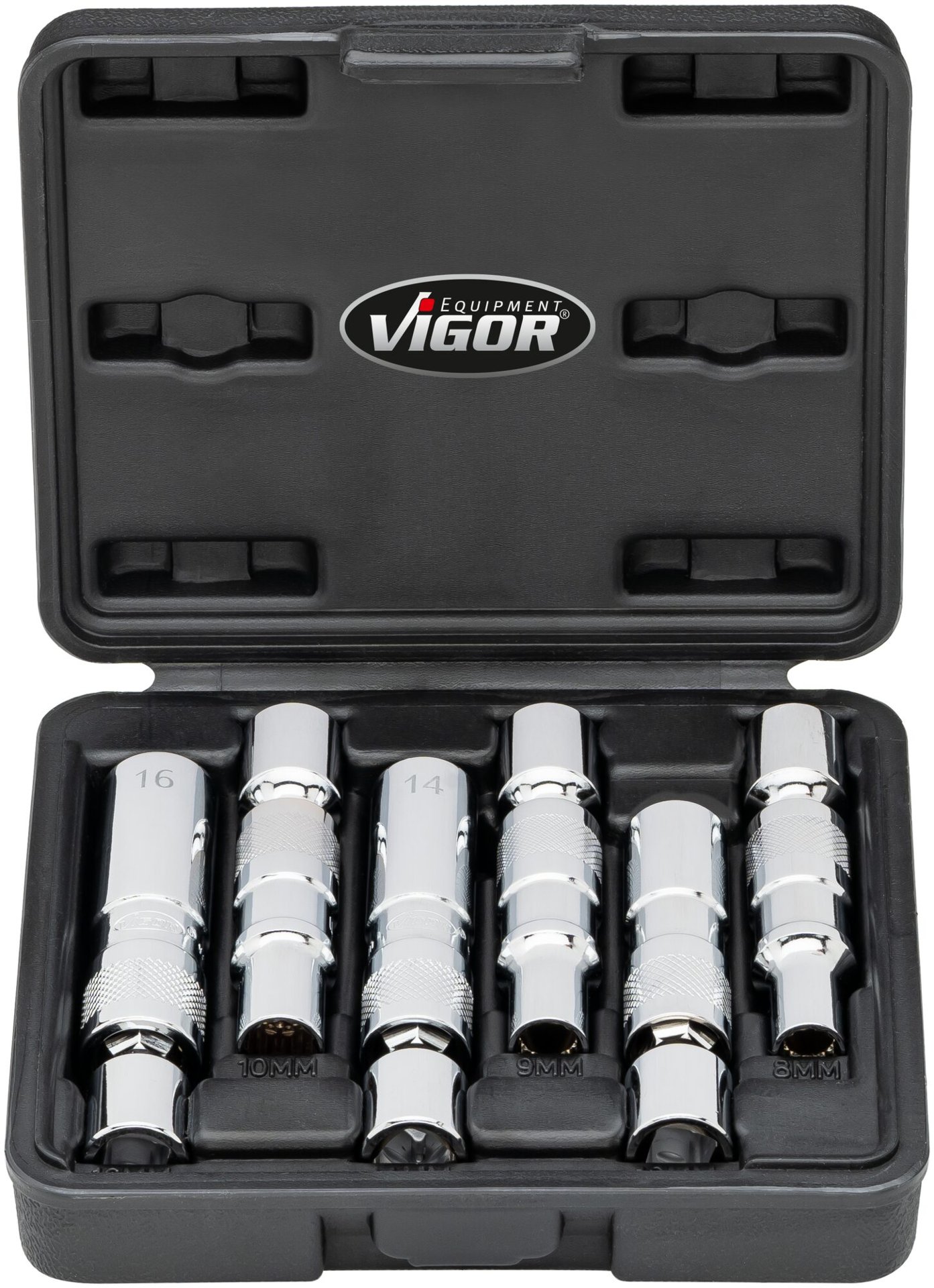 VIGOR Glühkerzenausdreher Satz ∙ V7016/6 ∙ 3/8 Zoll (10 mm) Vierkant hohl ∙ Außen Doppelsechskant Profil ∙ 6-teilig ∙ 8 ∙ 9 ∙ 10 ∙ 12 ∙ 14 ∙ 16 ∙ Anzahl Werkzeuge: 6 Produktbild img5 L