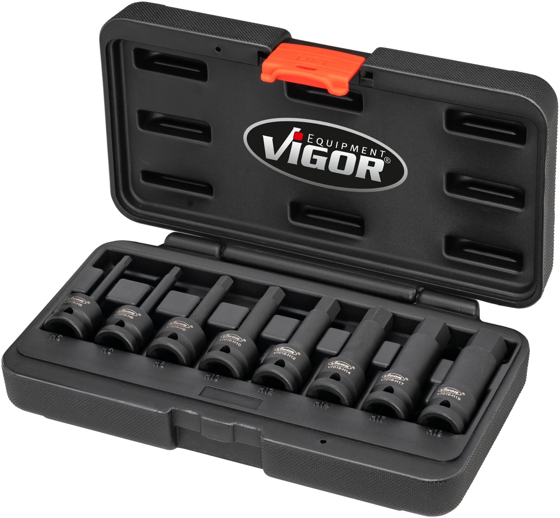 VIGOR Schlagschrauber Schraubendrehereinsatz Satz ∙ V7019 ∙ 1/2 Zoll (12,5 mm) Vierkant hohl ∙ Innen Sechskant Profil ∙ 8-teilig ∙ 5&nbsp;–&nbsp;19 ∙ Anzahl Werkzeuge: 8 Produktbild img6 L