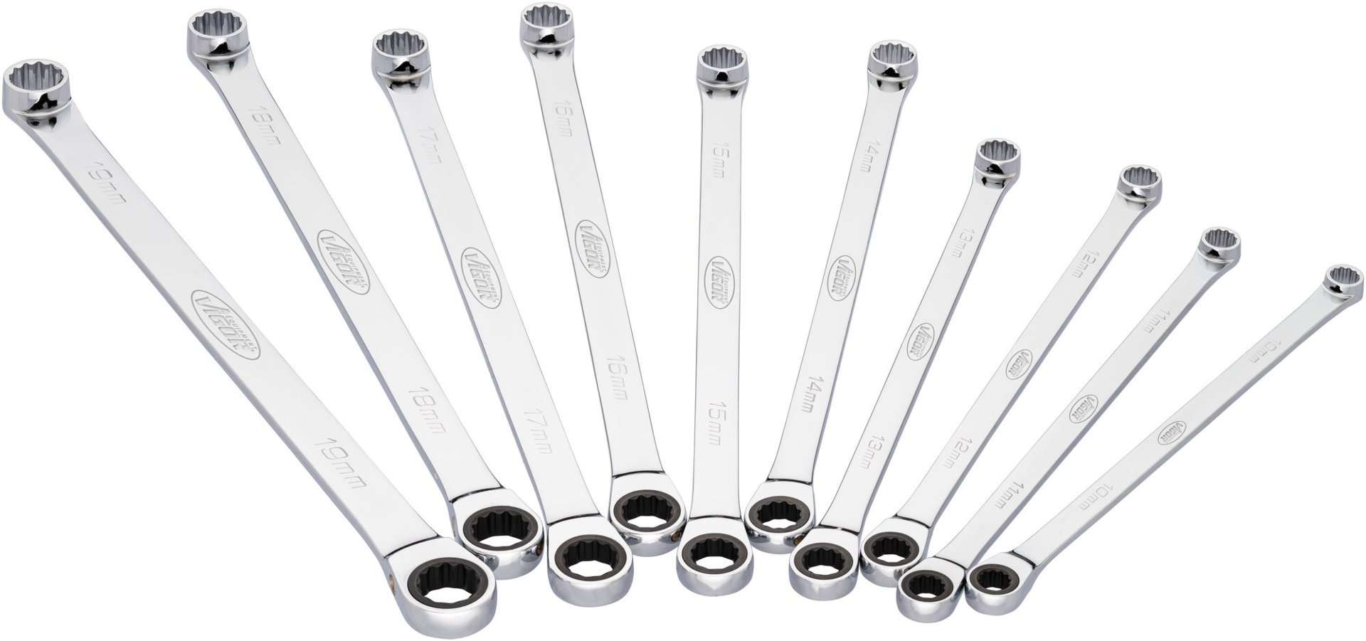 VIGOR Ratschen-Ringschlüssel Satz ∙ extra lang ∙ V7031 ∙ 10-teilig ∙ 10 – 19 mm ∙ Anzahl Werkzeuge: 10 Produktbild img1 L