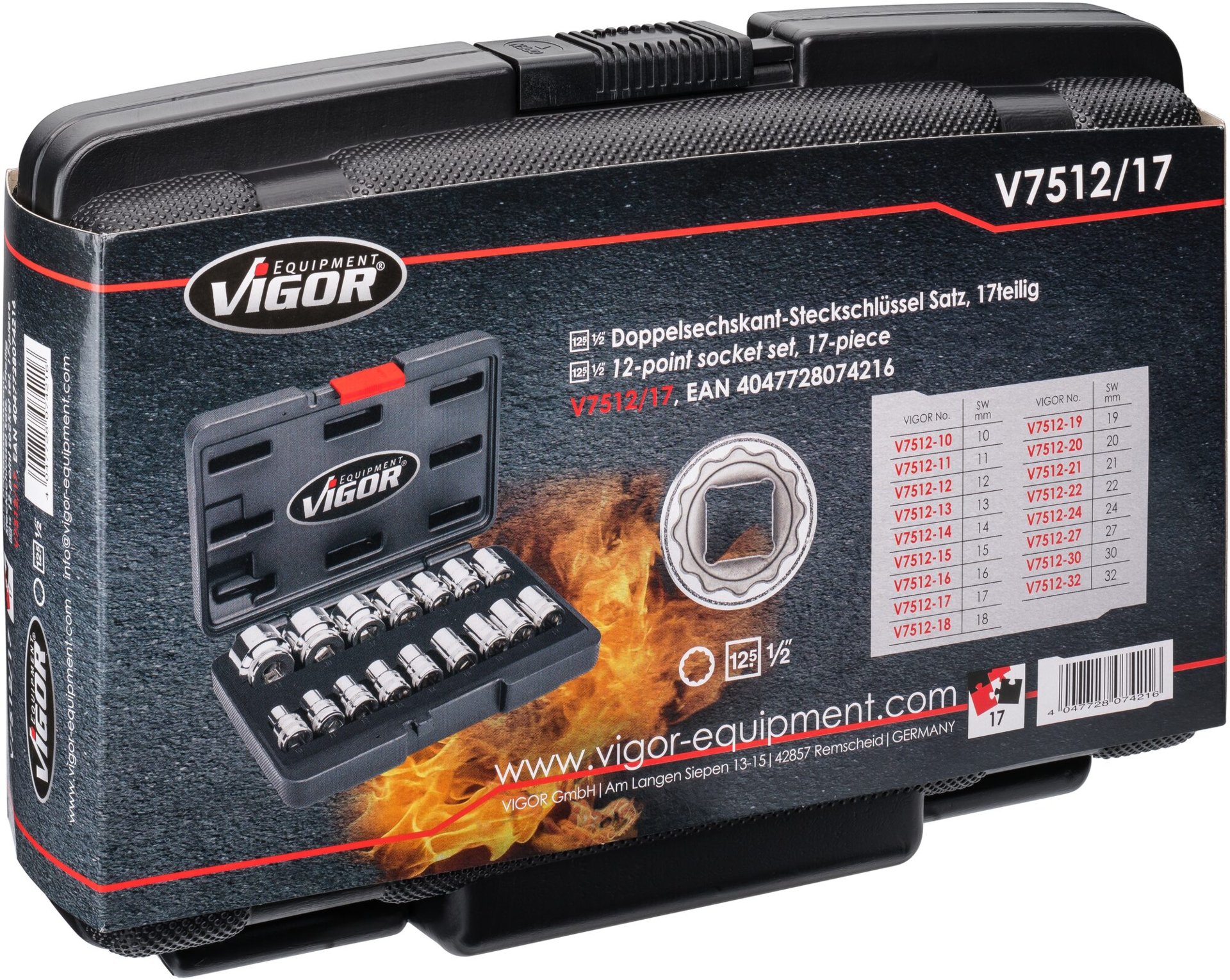 VIGOR Steckschlüssel Satz ∙ V7512/17 ∙ 1/2 Zoll (12,5 mm) Vierkant hohl ∙ Außen Doppelsechskant Profil ∙ 17-teilig ∙ 8 – 32 mm ∙ Anzahl Werkzeuge: 17 Produktbild img7 L