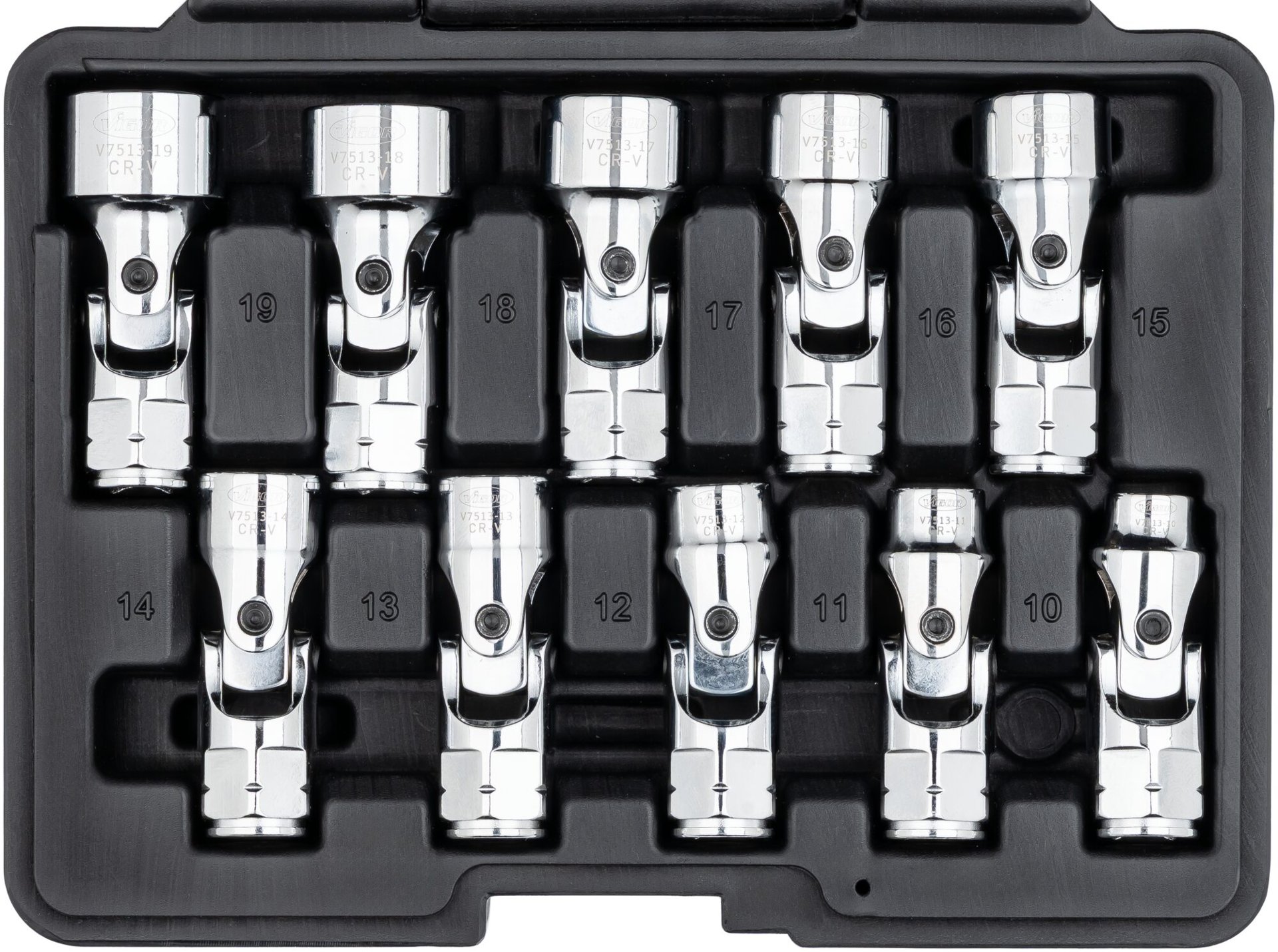 VIGOR Gelenksteckschlüssel Satz ∙ V7513 ∙ 3/8 Zoll (10 mm) Vierkant hohl ∙ Außen Doppelsechskant Profil ∙ 10-teilig ∙ 10 – 19&nbsp;mm ∙ Anzahl Werkzeuge: 10 Produktbild img3 L