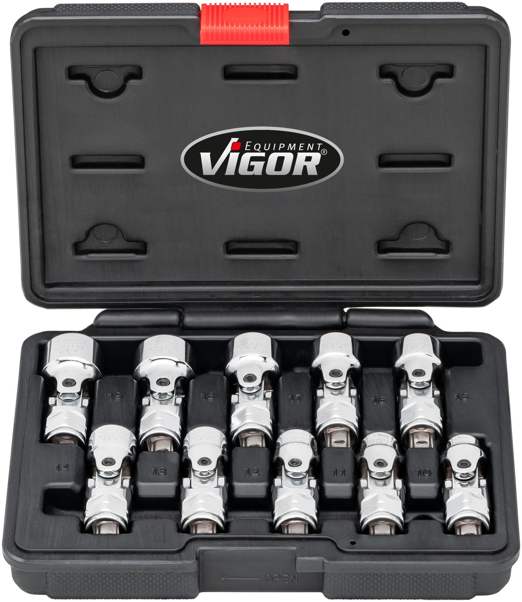 VIGOR Gelenksteckschlüssel Satz ∙ V7513 ∙ 3/8 Zoll (10 mm) Vierkant hohl ∙ Außen Doppelsechskant Profil ∙ 10-teilig ∙ 10 – 19&nbsp;mm ∙ Anzahl Werkzeuge: 10 Produktbild img4 L