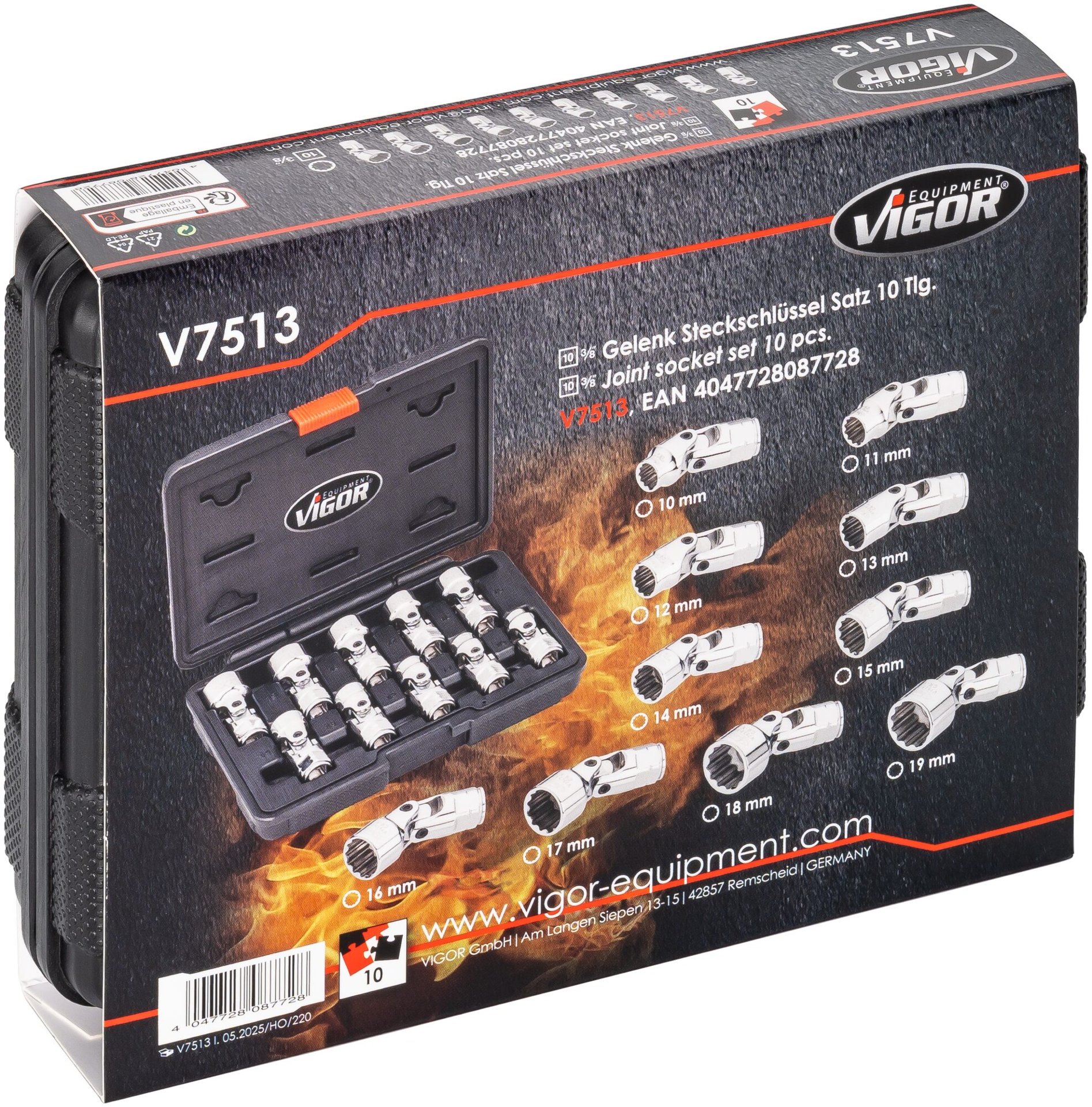 VIGOR Gelenksteckschlüssel Satz ∙ V7513 ∙ 3/8 Zoll (10 mm) Vierkant hohl ∙ Außen Doppelsechskant Profil ∙ 10-teilig ∙ 10 – 19&nbsp;mm ∙ Anzahl Werkzeuge: 10 Produktbild img6 L