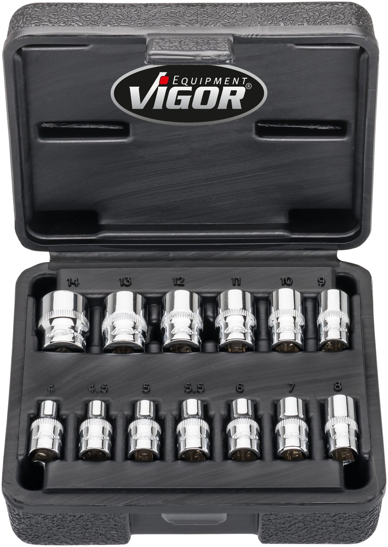 VIGOR Steckschlüssel Satz ∙ V7514/13 ∙ 1/4 Zoll (6,3 mm) Vierkant hohl ∙ Außen Doppelsechskant Profil ∙ 13-teilig ∙ 4 – 14 mm ∙ Anzahl Werkzeuge: 13 Produktbild img7 L