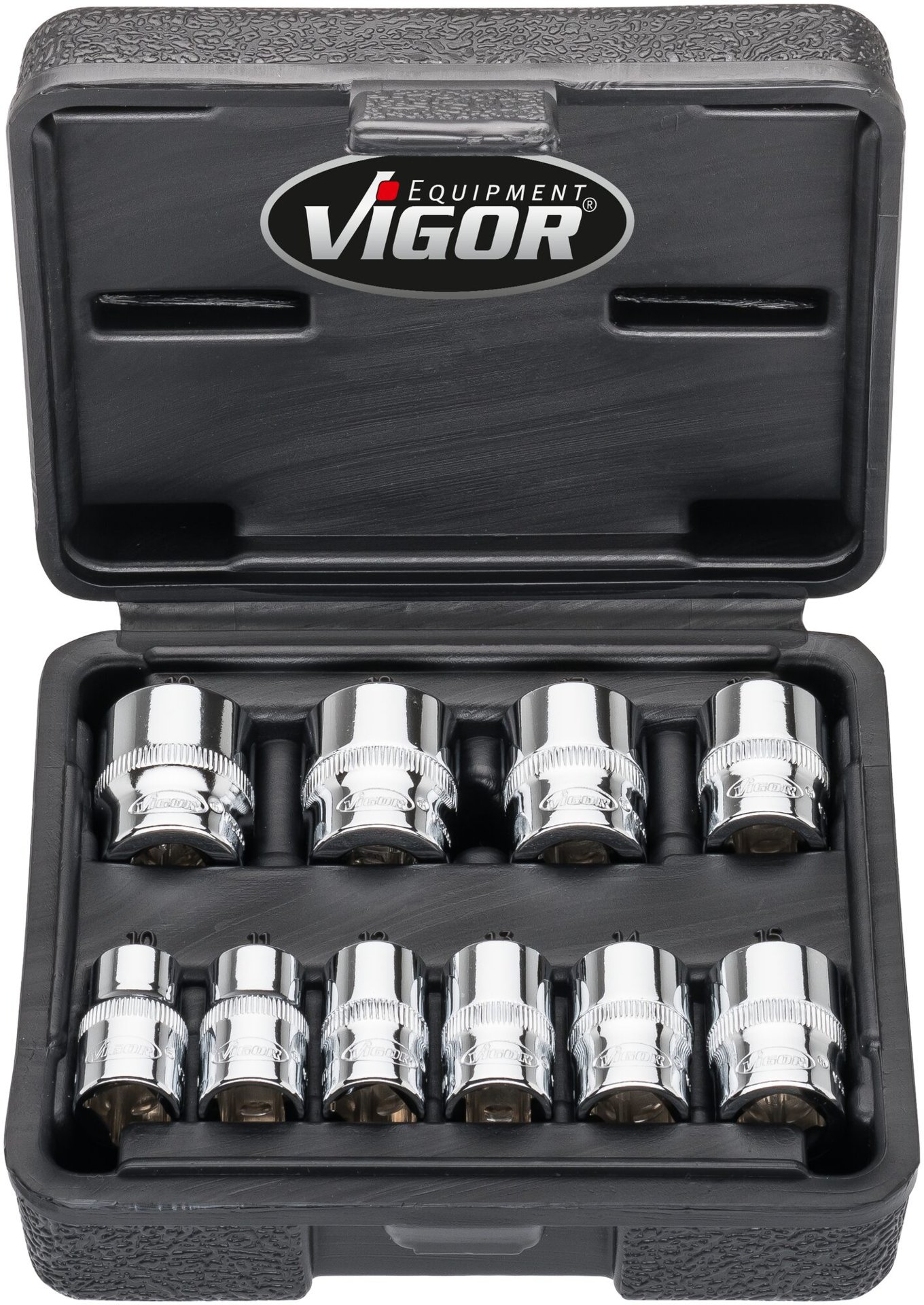 VIGOR Steckschlüssel Satz ∙ V7538/10 ∙ 3/8 Zoll (10 mm) Vierkant hohl ∙ Außen Doppelsechskant Profil ∙ 10-teilig ∙ 10 – 19 mm ∙ Anzahl Werkzeuge: 10 Produktbild img7 L