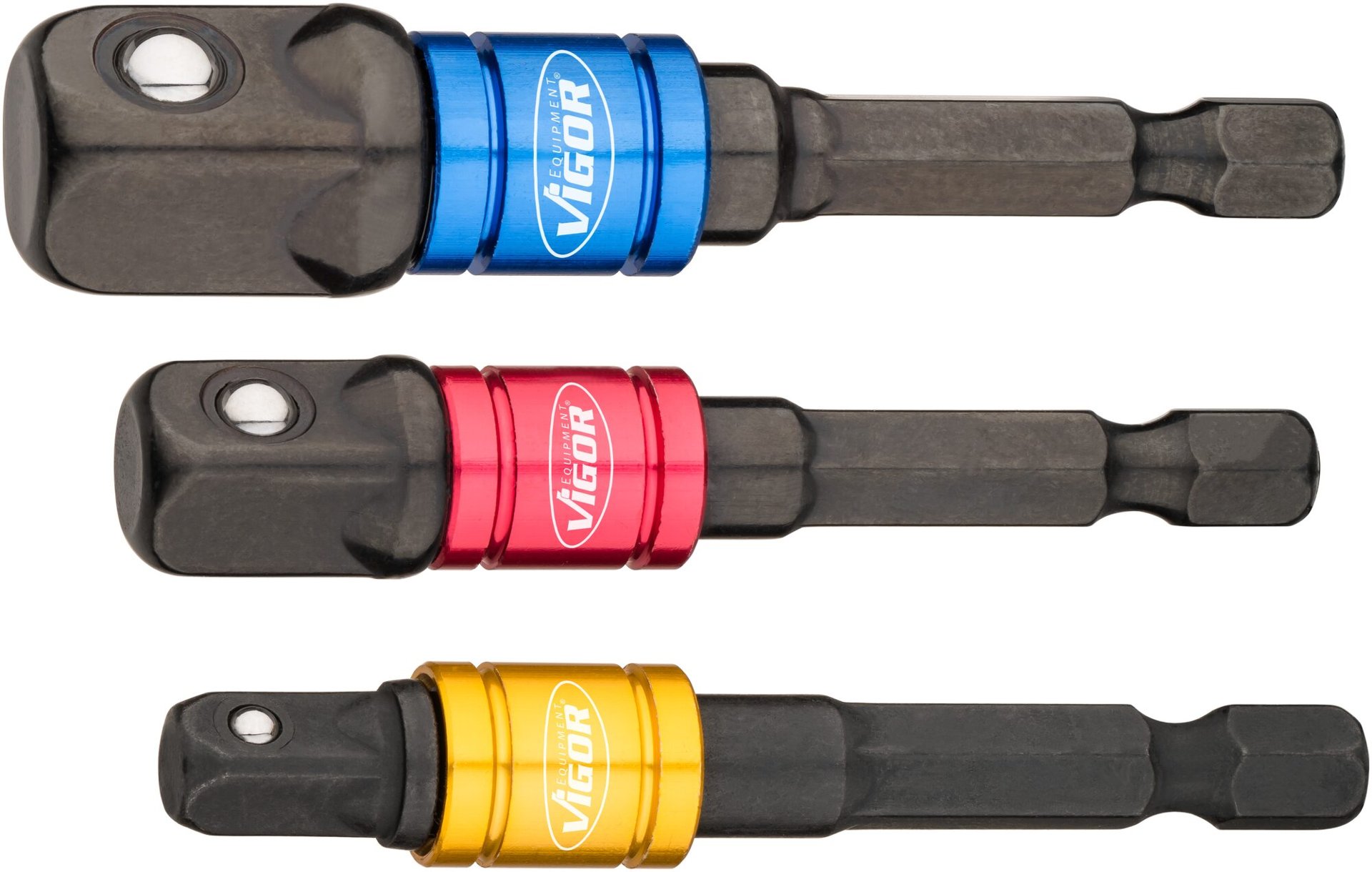 VIGOR Steckschlüssel Adapter Satz ∙ V7603/3 ∙ 1/4 Zoll (6,3 mm) Sechskant massiv ∙ 1/4 Zoll (6,3 mm) Vierkant massiv, 3/8 Zoll (10 mm) Vierkant massiv, 1/2 Zoll (12,5 mm) Vierkant massiv ∙ 3-teilig ∙ Anzahl Werkzeuge: 3 Produktbild img1 L
