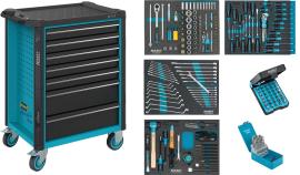 HAZET Werkstattwagen Assistent 179N ∙ Sortiment 179N-7/220 ∙ 220-teilig ∙ Schubladen, flach: 5× 81 x 522 x 398 mm ∙ Schubladen, hoch: 2× 166 x 522 x 398 mm Produktbild