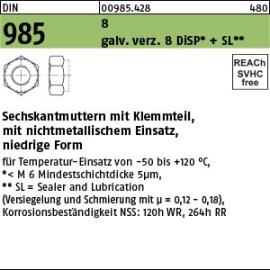 DIN 985 8 (<=M 5 = 6#8 ) galv. verz. 8 DiSP + SL Sechskantmuttern mit Klemmteil, mit nichtmetallischem Einsatz, nied. Form Produktbild