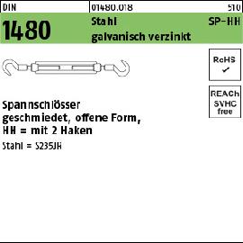 DIN 1480 Stahl SP-HH galvanisch verzinkt Spannschlösser geschmiedet, offene Form, mit 2 Haken Produktbild