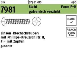 DIN 7981 Stahl Form F galvanisch verzinkt Linsen-Blechschrauben mit Zapfen mit Phillips-Kreuzschlitz H Produktbild