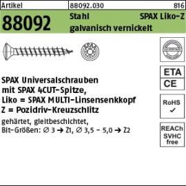 Reyher Artikel 88092 Stahl SPAX Liko-Z galvanisch vernickelt SPAX Universalschrauben mit Spitze, SPAX MULTI-Linsensenkkopf, Pozidriv-KS Produktbild