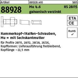 Artikel 88928 Mu 4.6 HS 28/15 galvanisch verzinkt Hammerkopf-/Halfen-Schrauben,mit Sechskantmutter Produktbild