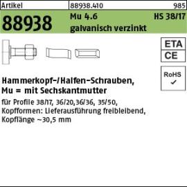 Artikel 88938 Mu 4.6 HS 38/17 galvanisch verzinkt Hammerkopf-/Halfen-Schrauben, mit Sechskantmutter Produktbild