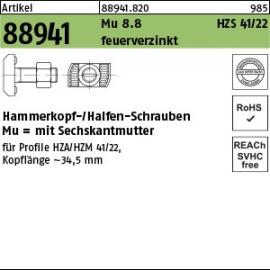 Artikel 88941 Mu 8.8 HZS 41/22 feuerverzinkt Hammerkopf-/Halfen-Schrauben, mit Sechskantmutter Produktbild