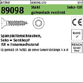 Artikel 89098 Stahl CE Seko-ISR galvanisch verzinkt Spanplattenschrauben mit Vollgew., Senkkopf, Innensechsrund Produktbild