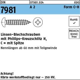 DIN 7981 A 2 Form C-H Linsen-Blechschrauben mit Spitze, mit Phillips-Kreuzschlitz H Produktbild