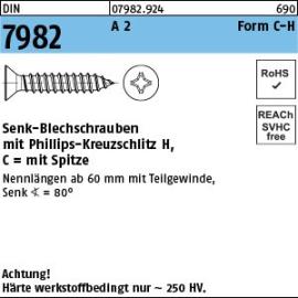 DIN 7982 A 2 Form C-H Senk-Blechschrauben mit Spitze, mit Phillips-Kreuzschlitz H Produktbild