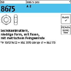 ISO 8675 A 2 Niedrige Sechskantmuttern mit Fasen und metrischem Feingewinde Produktbild