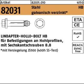Artikel 82031 Stahl HB galvanisch verzinkt LINDAPTER-HOLLO-BOLT HB f. Befestigungen an Hohlprofilen, mit Sechskantschraube Produktbild