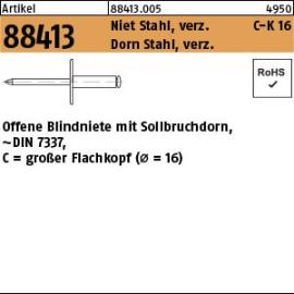 Reyher Artikel 88413 Niet St., verz. C-K 16 Dorn Stahl, verz. Offene Blindniete mit Sollbruchdorn, ~DIN 7337, großer Flachkopf (Ø = 16) Produktbild