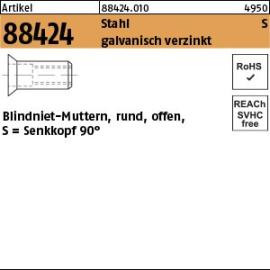 Artikel 88424 Stahl S galvanisch verzinkt Blindniet-Muttern, rund, offen, Senkkopf 90° Produktbild