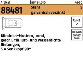 Artikel 88481 Stahl S galvanisch verzinkt Blindniet-Muttern, rund, geschl., SEKO für luft- und wasserdichte Nietungen Produktbild