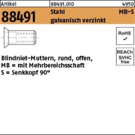 Artikel 88491 Stahl MB-S galvanisch verzinkt Blindniet-Muttern, rund, offen, mit Mehrbereichsschaft, Senkkopf 90° Produktbild