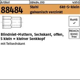 Artikel 88484 Stahl 6kt-S-klein galvanisch verzinkt Blindniet-Muttern, Sechskant, offen, kleiner Senkkopf Produktbild