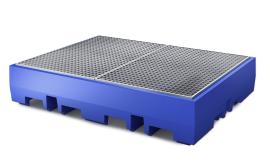 Auffangwanne mit verzinktem Gitterrost, PE Blau, für 4 x 200-L-Fass, Maße 1720x1300x350 mm Produktbild