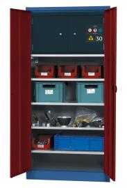 asecos Materialschrank EM.195.095.F in Enzianblau, Flügeltüren in Rubinrot, 4x Fachboden (Stahlblech), Typ-30-Sicherheitsbox Produktbild
