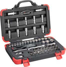VIGOR Steckschlüssel Satz ∙ V2305N ∙ 3/8 Zoll (10 mm) Vierkant hohl ∙ Außen Sechskant Profil, Innen TORX® Profil, Innen Sechskant Profil, Kreuzschlitz Profil PH, Pozidriv Profil PZ, Schlitz Profil ∙ 61-teilig ∙ 0,8&nbsp;x&nbsp;5,5&nbsp;–&nbsp;1,2&nbsp;x&nbsp;8 · 3&nbsp;–&nbsp;24 · PH1&nbsp;–&nbsp;PH3 · PZ1&nbsp;–&nbsp;PZ3 · T15&nbsp;–&nbsp;T55 ∙ Anzahl Werkzeuge: 61 Produktbild