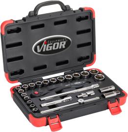 VIGOR Steckschlüssel Satz ∙ V2460N ∙ 1/2 Zoll (12,5 mm) Vierkant hohl ∙ Außen Sechskant Profil ∙ 25-teilig ∙ 10&nbsp;–&nbsp;32 ∙ Anzahl Werkzeuge: 25 Produktbild
