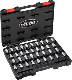 VIGOR Schraubendrehereinsatz Satz ∙ V2496 ∙ 1/2 Zoll (12,5 mm) Vierkant hohl ∙ Innen TORX® Profil, Innen Keilprofil Ribe-CV, Innen Sechskant Profil, Innen Vielzahn Profil XZN ∙ 36-teilig ∙ 5&nbsp;–&nbsp;19 · M5&nbsp;–&nbsp;M16 · T20&nbsp;–&nbsp;T70 ∙ Anzahl Werkzeuge: 36 Produktbild