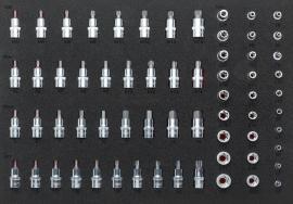 VIGOR Steckschlüsseleinsatz Satz ∙ V2837 ∙ 1/4 Zoll (6,3 mm) Vierkant hohl, 3/8 Zoll (10 mm) Vierkant hohl, 1/2 Zoll (12,5 mm) Vierkant hohl ∙ Außen TORX® Profil, Innen Keilprofil Ribe-CV, Innen TORX® Profil, Innen Vielzahn Profil XZN, Innen Sechskant Profil ∙ 64-teilig ∙ 5&nbsp;–&nbsp;19 · E4&nbsp;–&nbsp;E24 · M6&nbsp;–&nbsp;16 · T20&nbsp;–&nbsp;T70 ∙ Anzahl Werkzeuge: 64 Produktbild