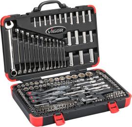 VIGOR Steckschlüssel Satz ∙ V3277N ∙ 5/16 Zoll (8 mm) Sechskant massiv, 1/4 Zoll (6,3 mm) Vierkant hohl, 3/8 Zoll (10 mm) Vierkant hohl, 1/2 Zoll (12,5 mm) Vierkant hohl ∙ Außen TORX® Profil, Außen Sechskant Profil, Innen TORX® Profil, Innen Sechskant Profil, Kreuzschlitz Profil PH, Pozidriv Profil PZ, Schlitz Profil, Tamper Resistant TORX® Profil ∙ 212-teilig ∙ 1&nbsp;–&nbsp;32 ∙ Anzahl Werkzeuge: 212 Produktbild
