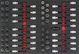 VIGOR Schraubendrehereinsatz Satz ∙ V4753 ∙ 1/2 Zoll (12,5 mm) Vierkant hohl ∙ Innen TORX® Profil, Innen Sechskant Profil ∙ 70-teilig ∙ 5&nbsp;–&nbsp;19 · M5&nbsp;–&nbsp;M16 · T20&nbsp;–&nbsp;T70 ∙ Anzahl Werkzeuge: 70 Produktbild