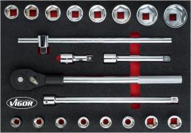VIGOR Steckschlüssel Satz ∙ V5109 ∙ 3/4 Zoll (20 mm) Vierkant hohl ∙ Außen Sechskant Profil ∙ 21-teilig ∙ 19&nbsp;–&nbsp;50 ∙ Anzahl Werkzeuge: 21 Produktbild
